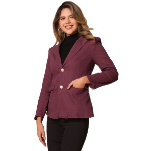 Allegra K Women's Notched Lapel Denim Single Breasted Shoulder Pad Business Casual Blazer - 1 of 4