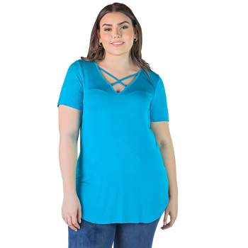 24seven Comfort Apparel Womens Plus Size V Neck Criss Cross Neckline T Shirt Tunic Top