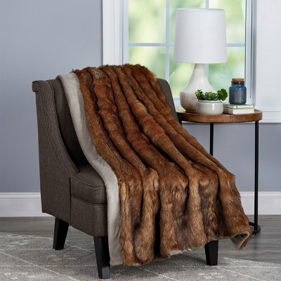 Hastings Home Faux Chinchilla Fur Throw Blanket With Faux Mink Back - 60" x 70", Brown/Beige