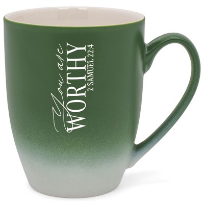 Elanze Designs You Are Worthy 2 Samuel 22:4 Two Toned Ombre Matte Green and White 12 ounce Ceramic Stoneware Coffee Cup Mug