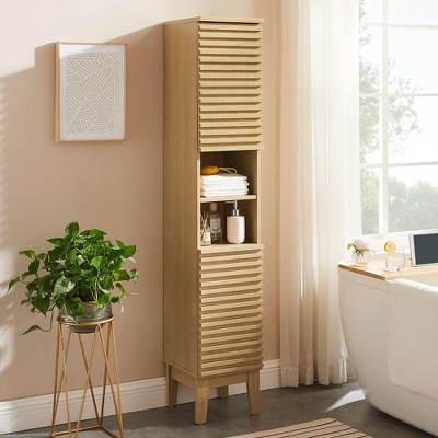Tall Oak Bathroom Storage Cabinet with Adjustable Shelving