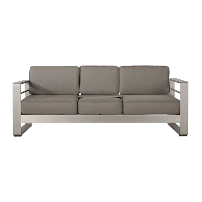 Christopher Knight Home Cape Coral 76" Outdoor Aluminum 3 Seater Sofa with Tray and Sunbrella Cushions