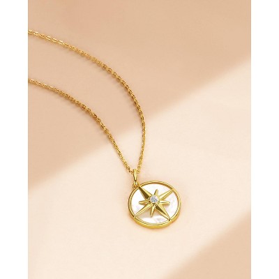 Molenia 18K Gold Plated Star Starburst Necklace for Women, 925 Sterling Silver North Star Pendant Coin Disc Round Necklace Boho Celestial Jewelry