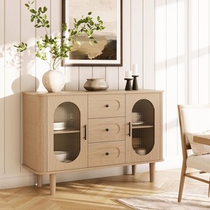 TackView 47" Modern Farmhouse Sideboard Buffet Cabinet with Fluted Glass Doors & 3 Drawers, Coffee Bar with Adjustable Shelves - 1 of 4