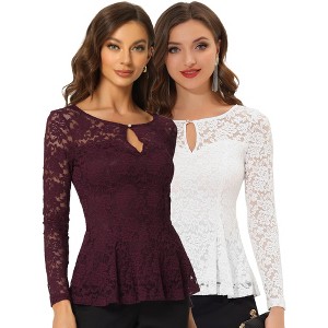 INSPIRE CHIC Women's Floral Lace Front Peplum Hem Keyhole Sheer Long Sleeve Blouse 2 Pieces - 1 of 4