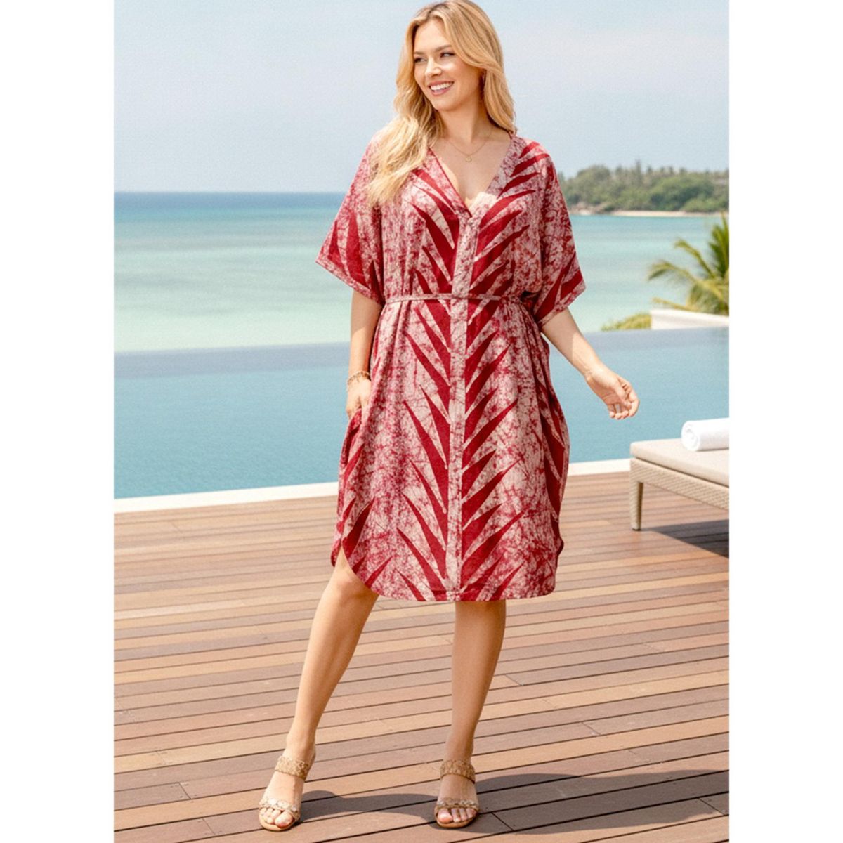 LA LEELA Summer Cotton Women Tunic Dress Resortwear Vacation Holiday Cruise Pregnancy Wear Relaxed Fit Travel Outfit 2X-3X Red Leaf - thumbnail 5