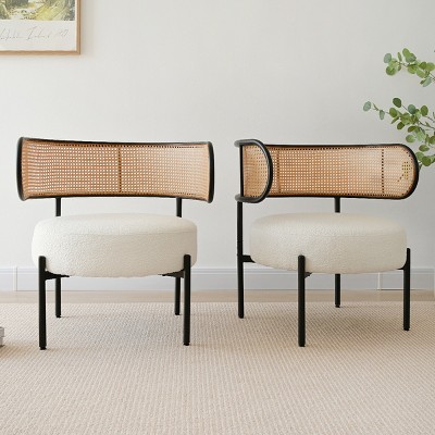 Boucle Accent Chair with Rattan Back,Boucle Rattan Accent Chair with Black Metal Base,Cane Accent Chair For Living Room-The Pop Home