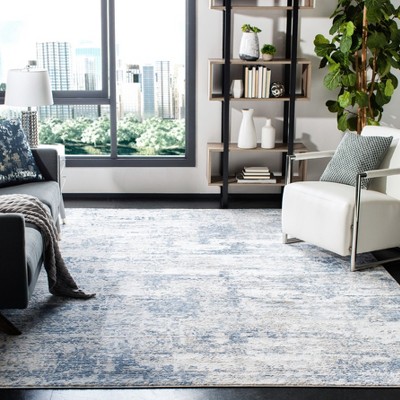 Ivory and Blue Abstract Synthetic 9' Square Area Rug