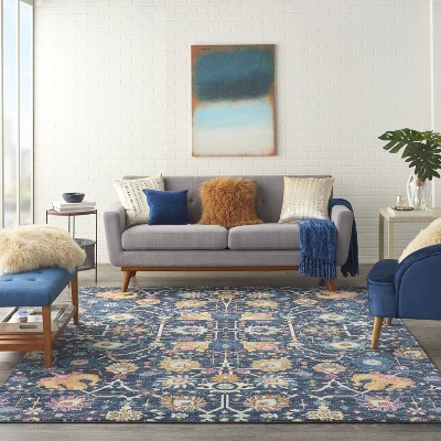 Navy Bliss Floral Synthetic 8' x 10' Handmade Reversible Rug