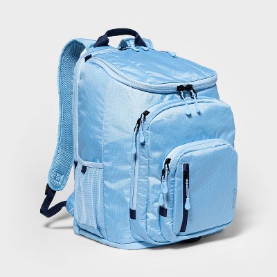 grey and blue backpack