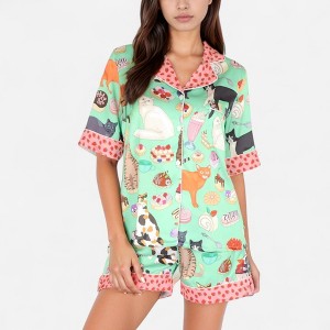 Anna-Kaci Lounge Women's Cat and Dessert Print Pajama Set with Short Sleeve Button-Up Top and Strawberry Trim Shorts - 1 of 4
