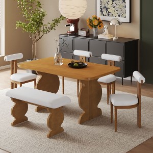 Vatros 6-Piece Dining Set, Mid-Century Modern Table Set for 6 Persons with 4 Chairs and Bench, White - 1 of 4
