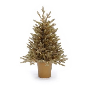 LuxenHome 3Ft Gold Branches Artificial Pine Christmas Tree with Battery-Operated Lights and Gold Pot - 1 of 4