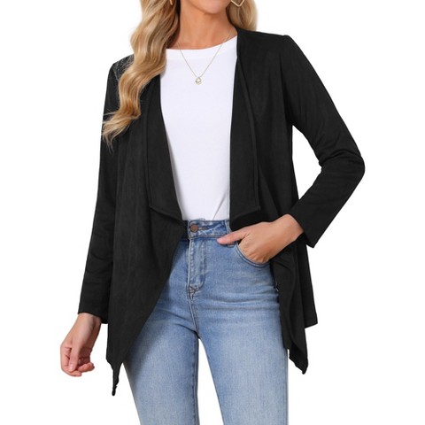INSPIRE CHIC Women's Faux Suede Lapel Draped Open Front Long Sleeve Lightweight Fall Work Casual Jacket Cardigan Black Large