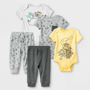 Baby Boys' 5pk Disney Toy Story Short Sleeve Bodysuit - Gray/White/Yellow - 1 of 1