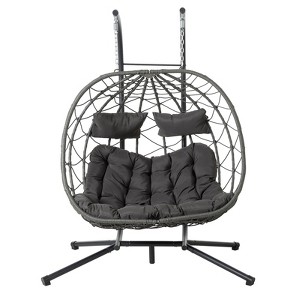 Double Egg Swing Chair with Stand Weather Proof Patio Hanging Egg Chair Swing Hammock Seat with Cushion Headrest for Indoor Outdoor Dark Gray - 1 of 4