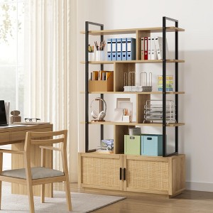 5 Tier Rattan Bookshelf with Storage Cabinet & Door, 71.1 Inch Tall Industrial Book Shelf with Open Display Shelves, 5 Shelf Bookcase with Metal Frame - 1 of 4
