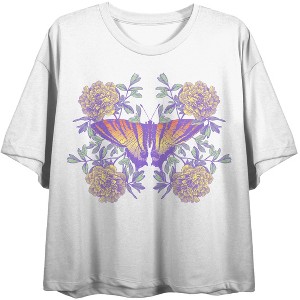Vintage Floral Gradient Butterfly Crew Neck Short Sleeve Women's White Crop T-shirt - 1 of 3