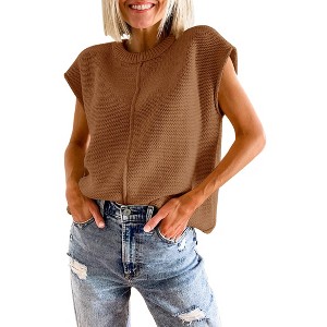 Womens Cap Sleeve Sweater Vest Crew Neck Knit Sleeveless Tank Tops Casual Lightweight Pullover Sweaters - 1 of 1