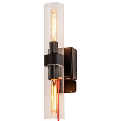 C Cattleya 2-Light Black Wall Sconce with GFCI Outlet and Clear Glass Tubes