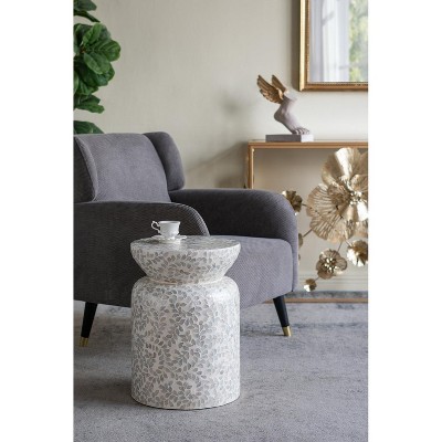HDZNVF 14x14x20 inch Round Bamboo Accent Table with White Shell Design