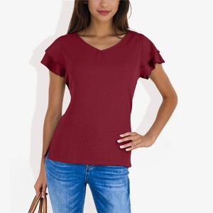 Anna-Kaci Women's V-Neck Short Sleeve Shirt with Soft Ruffle Sleeves and Textured Fabric for a Feminine Casual Look - 1 of 4