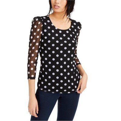 I.N.C International Concepts Womens Polka-Dot Sheer-Sleeve Pullover Blouse, Black, Small