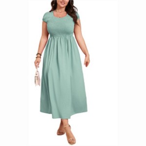 Clearlove Plus Size Summer Dress Boho Short Sleeve Roud Neck Smocked A-Line Wedding Guest Dresses for Curvy Women - 1 of 4