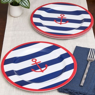 Nautical Navy and Red Melamine Dinner Plates - Set of 4