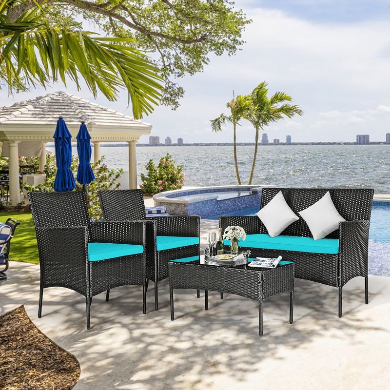 Costway 4PCS Patio Rattan Furniture Set Cushioned Sofa Coffee Table Backyard Turquoise/Red/White/Grey/Navy, 3 of 11