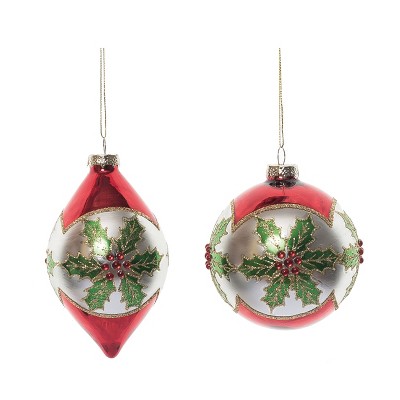 Transpac Glass Holly Ornament Set of 2 Christmas Home Decorations