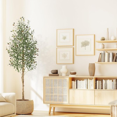 Olive Trees Artificial Indoor, 5/6/7FT Tall Faux Silk Plant White Planter, Fake Olive Trees with Natural Wood Trunk and Green Fake Moss,1 PCS or 2PCS