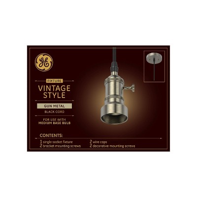 GE Vintage Style Pendant Fixture Gun Metal: Light Bulb Socket Adapter with Cord, 5 Year Warranty, Plastic Material