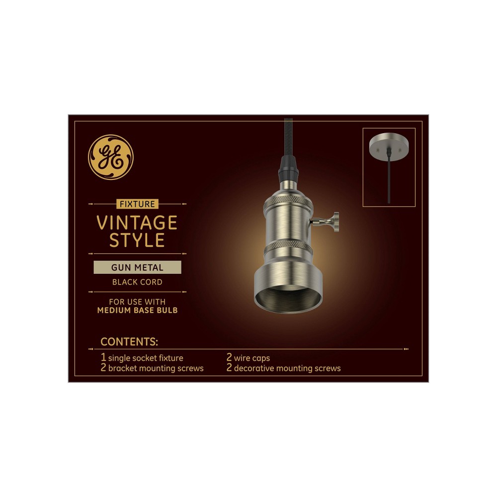 GE Vintage Style Pendant Fixture Gun Metal: Light Bulb Socket Adapter with Cord, 5 Year Warranty, Plastic Material