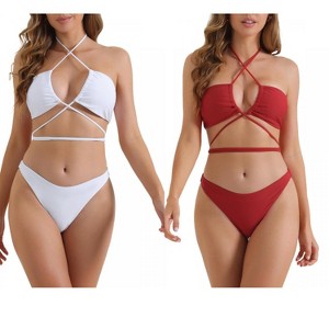INSPIRE CHIC Women's Halter Double Lace Up Tie Back Triangle Bottoms Swimwear Bathing Bikini Suits 2 Sets - 1 of 4