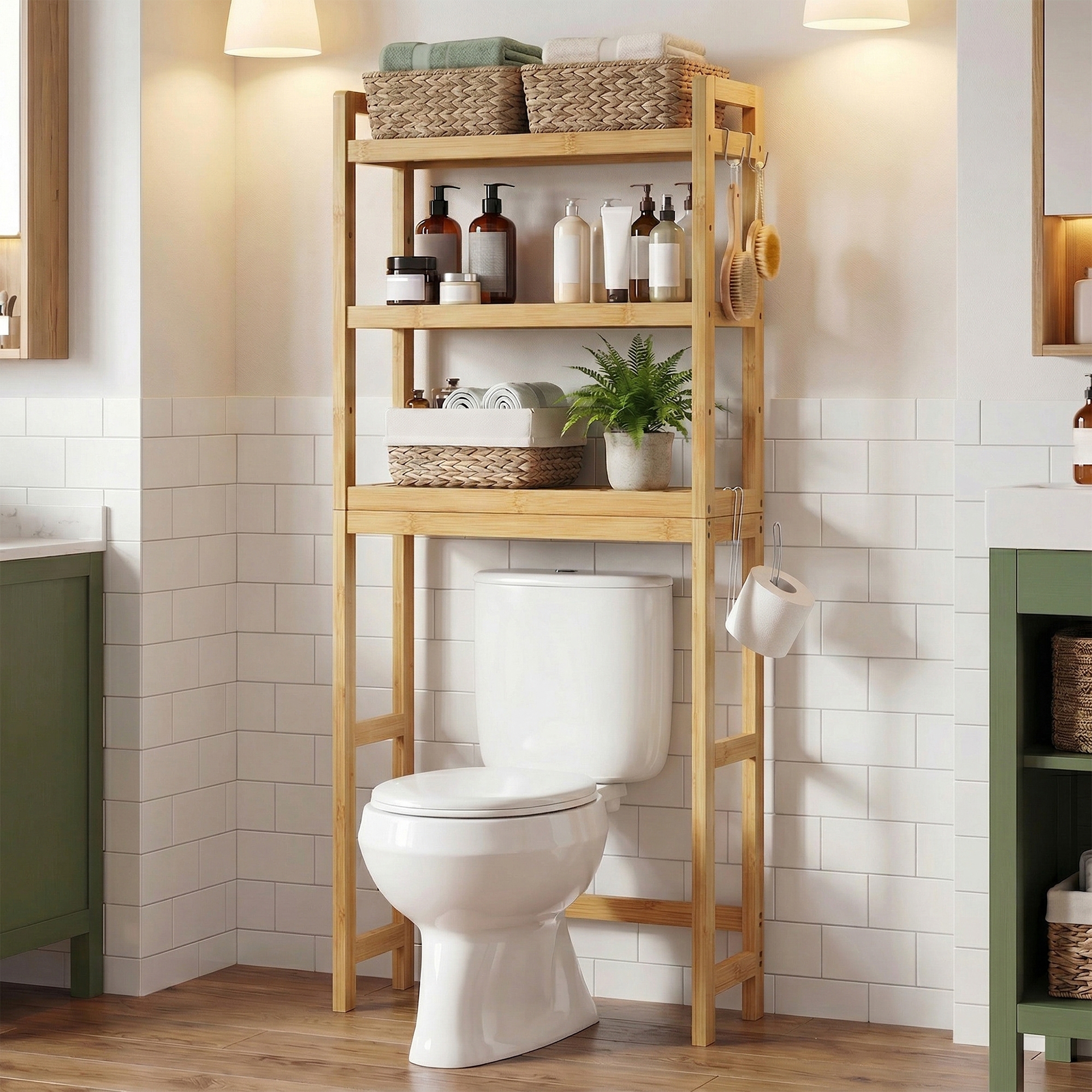 LEDREM Over Toilet Storage Rack, Adjustable 3-Tier Bamboo Shelf, for Laundry Room or Bathroom, Easy Assembly, Natural Color