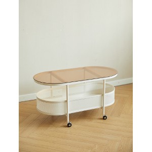 Movable oval metal glass coffee table with storage - 1 of 1