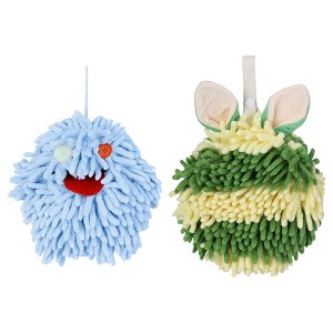 REGALWOVEN 2 Packs Fluffy Chenille Rabbit Shape Cute Soft Absorbent Hanging Ball Hand Towels 7" x 7" - 1 of 4