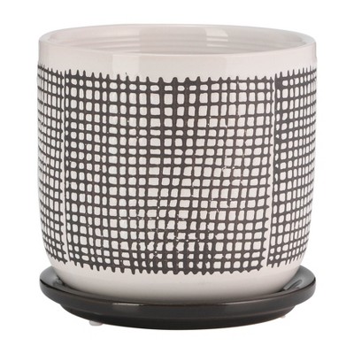 Sagebrook Home 6" Ceramic Planter, Gray and White Mesh Design, Indoor/Outdoor Planter with Saucer - Use for Succulent Pot, Plants, Flowers and More