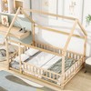 Full Size Wooden Floor Bed with House Roof Frame and Fence Guardrails for Kids Bedroom - 2 of 4