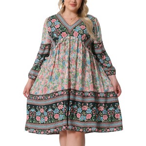 Agnes Orinda Women's Plus Size Boho V Neck 3/4 Sleeve Floral Casual Beach Mini A Line Dress - 1 of 4