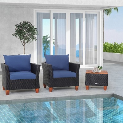 Tangkula 3PCS Patio Rattan Conversation Furniture Set Yard Outdoor w/ Navy Cushions