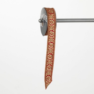 15'L Sullivans Christmas Red Ribbon With Gold Brocade, Red-Gold