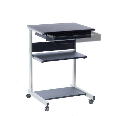 Small Black Rolling Laptop Cart with Drawer and Shelves