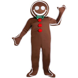 HalloweenCostumes.com Adult's Plus Sized Iced Gingerbread Man Costume | Festive Cookie Jumpsuit with Headpiece - 1 of 4