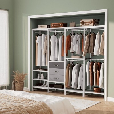 Aheaplus 74''W Large Closet Storage Organizer with Wood Drawers, L-Shaped Corner Heavy Duty Garment Rack with Shelve and Hanging Rods