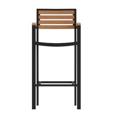 Teak Faux Wood Poly Resin Slatted Bar Height Stool with Aluminum Frame