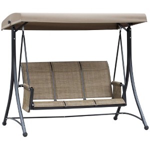 Outsunny 3 Person Patio Swing Porch Swing Outdoor Swing Chair with High Back Design, Side Pouches and Adjustable Canopy, Brown - 1 of 4