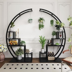 5-Tier Round Plant Stand, Half Moon Shape Indoor Metal Plant Holder, Flower Shelf Rack With 4 Hanging Hooks for Home Balcony Living Room Garden Decor - 1 of 4