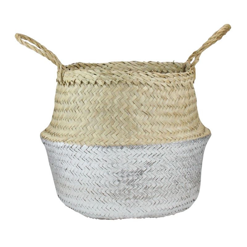 Northlight 13" Beige and Silver Seagrass Belly Wicker Basket with Handles, 1 of 4